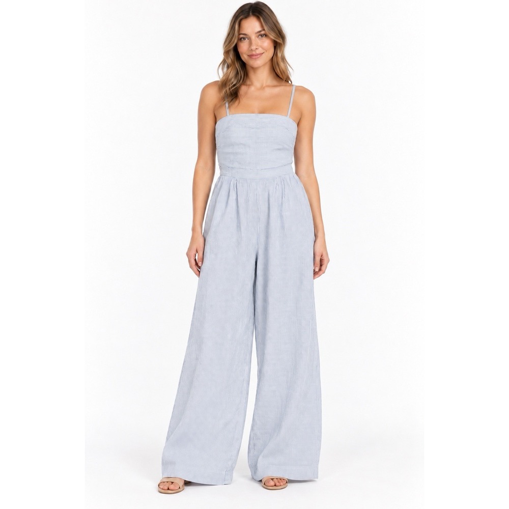 J. Crew Spaghetti-Strap Jumpsuit Blue White Striped Beauchamps Linen 8 Wide Leg